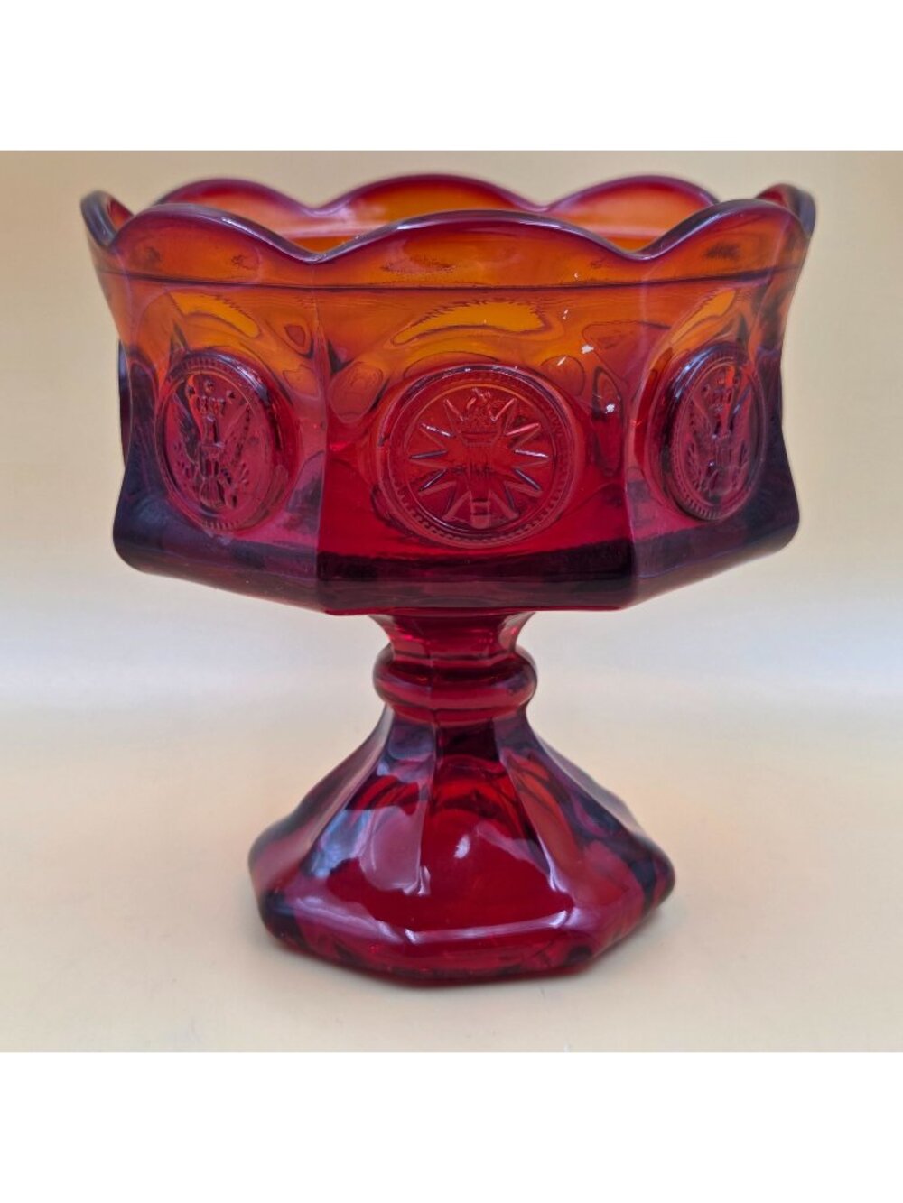 Fostoria Coin Glass Ruby Red Wedding Bowl Pedestal Compote No Lid Vintage